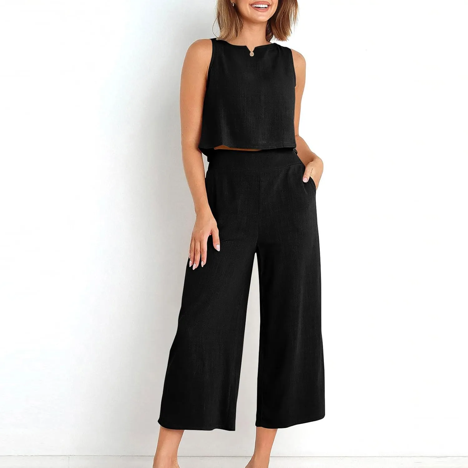 Summer Outfits for Women 2 Piece Cotton Linen Sleeveless Crop Top Capri Wide Leg Pants Lounge Beach Travel Sets