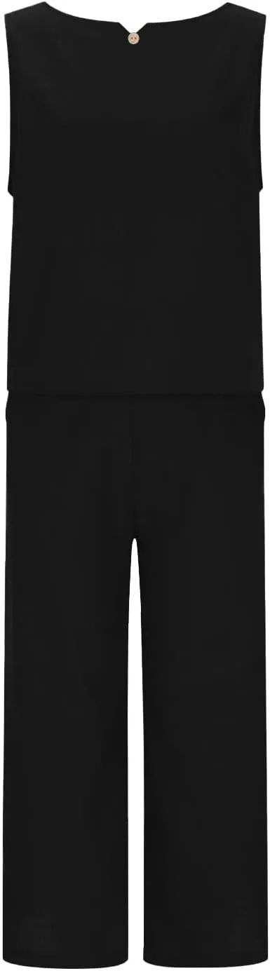 Summer Outfits for Women 2 Piece Cotton Linen Sleeveless Crop Top Capri Wide Leg Pants Lounge Beach Travel Sets
