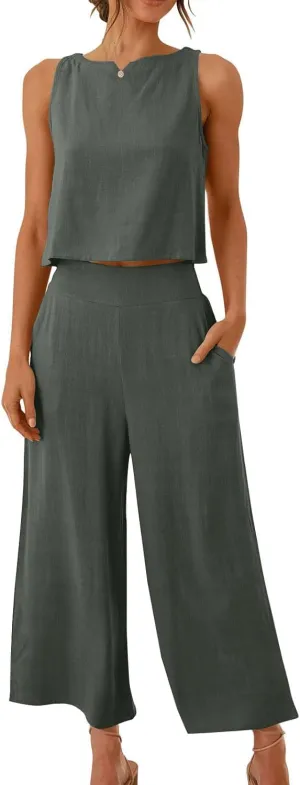Summer Outfits for Women 2 Piece Cotton Linen Sleeveless Crop Top Capri Wide Leg Pants Lounge Beach Travel Sets