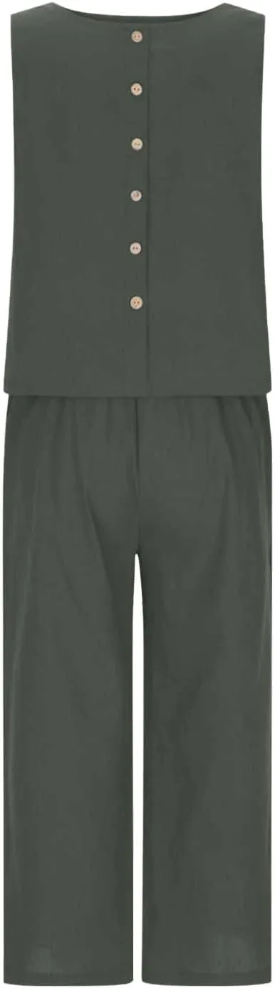 Summer Outfits for Women 2 Piece Cotton Linen Sleeveless Crop Top Capri Wide Leg Pants Lounge Beach Travel Sets