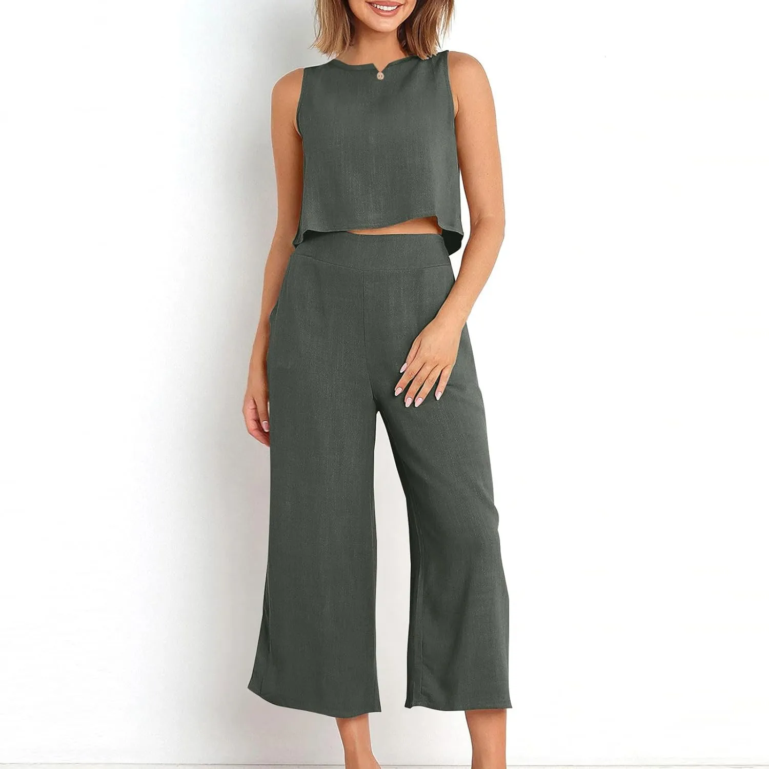 Summer Outfits for Women 2 Piece Cotton Linen Sleeveless Crop Top Capri Wide Leg Pants Lounge Beach Travel Sets