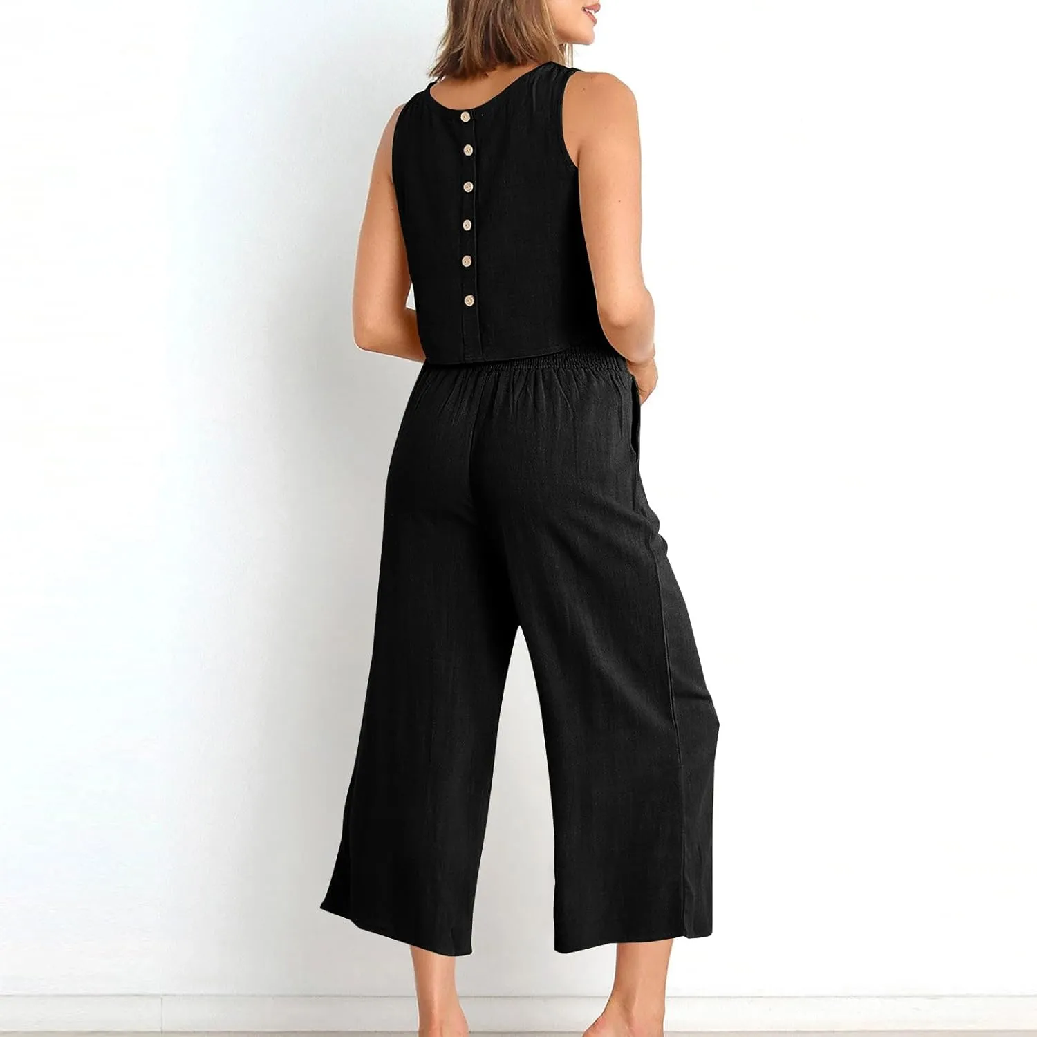 Summer Outfits for Women 2 Piece Cotton Linen Sleeveless Crop Top Capri Wide Leg Pants Lounge Beach Travel Sets