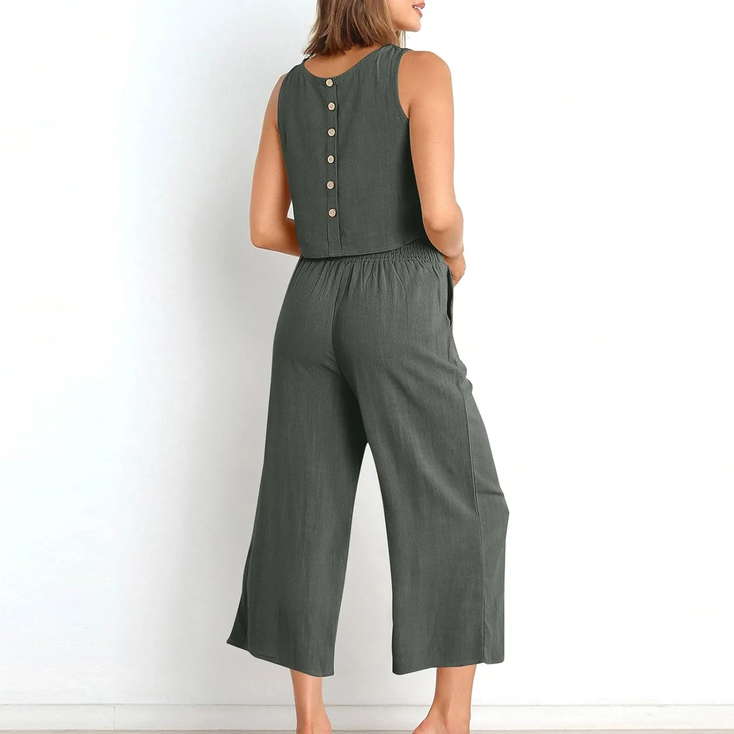 Summer Outfits for Women 2 Piece Cotton Linen Sleeveless Crop Top Capri Wide Leg Pants Lounge Beach Travel Sets