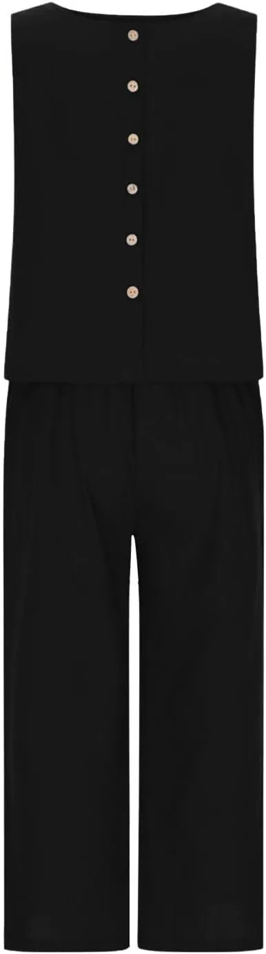 Summer Outfits for Women 2 Piece Cotton Linen Sleeveless Crop Top Capri Wide Leg Pants Lounge Beach Travel Sets