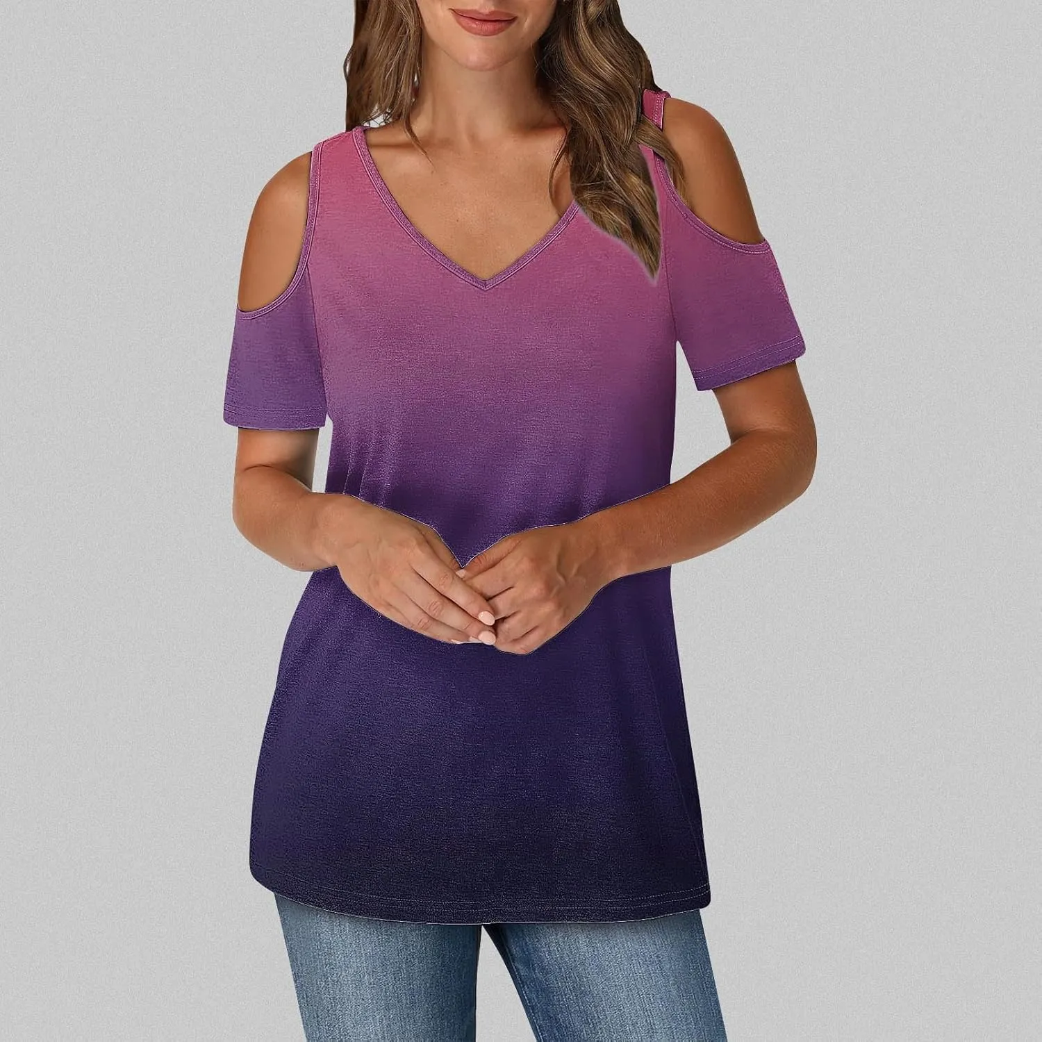 Summer Tunic Tops for Women Sexy Off-The-Shoulder Short Sleeve Shirts Trendy Gradient Color V-Neck Pullover Blouse
