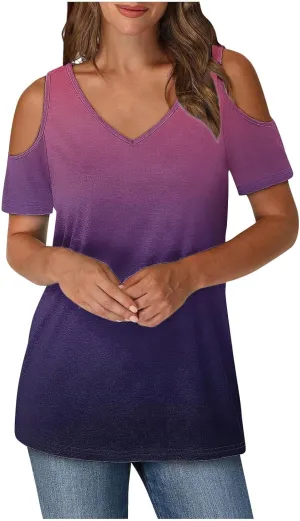 Summer Tunic Tops for Women Sexy Off-The-Shoulder Short Sleeve Shirts Trendy Gradient Color V-Neck Pullover Blouse