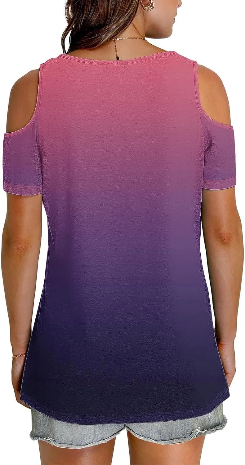 Summer Tunic Tops for Women Sexy Off-The-Shoulder Short Sleeve Shirts Trendy Gradient Color V-Neck Pullover Blouse