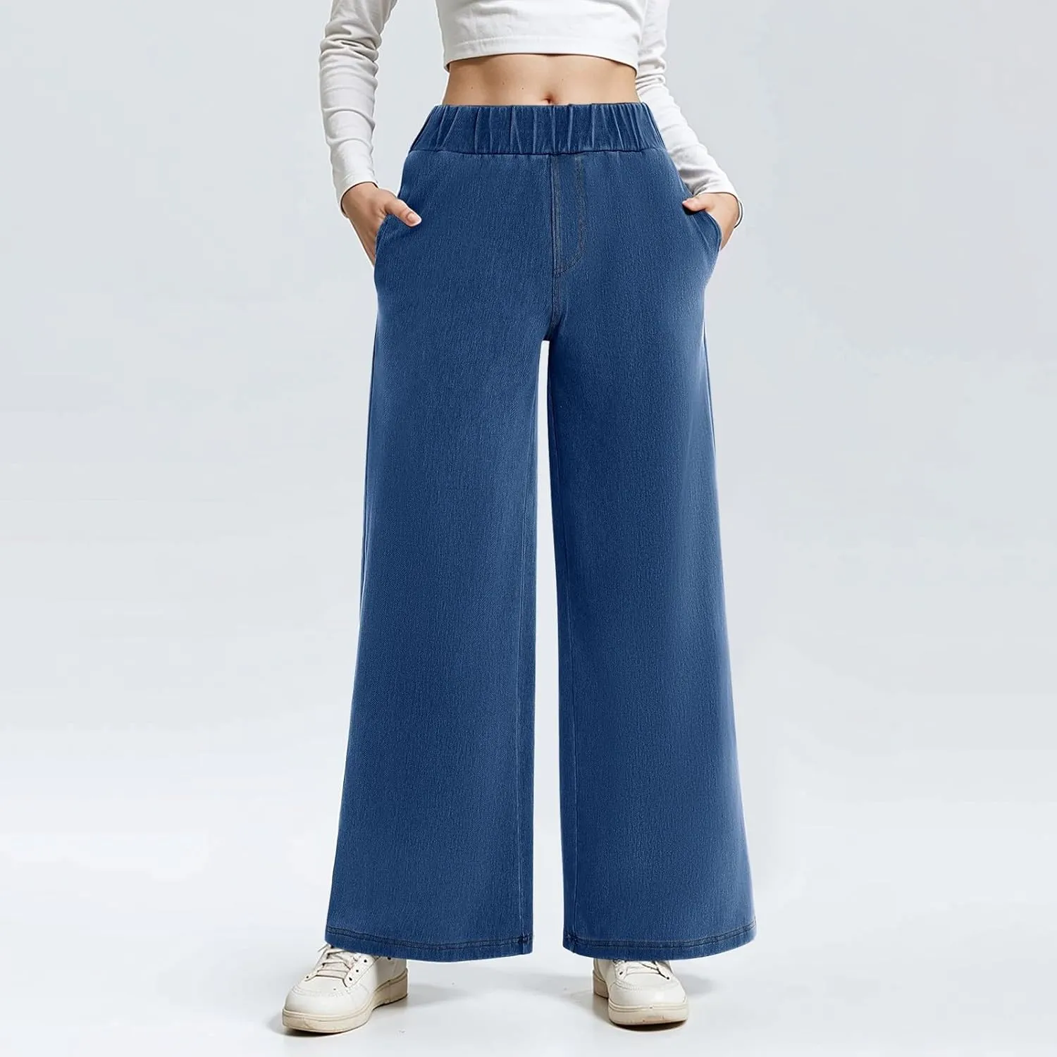 Sweatpant Jeans Women Wide Leg Stretchy Mid Rise Elastic Waist Jeans Baggy Loose Denim Pants with Pockets