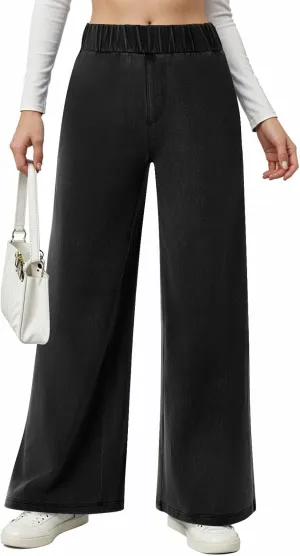 Sweatpant Jeans Women Wide Leg Stretchy Mid Rise Elastic Waist Jeans Baggy Loose Denim Pants with Pockets