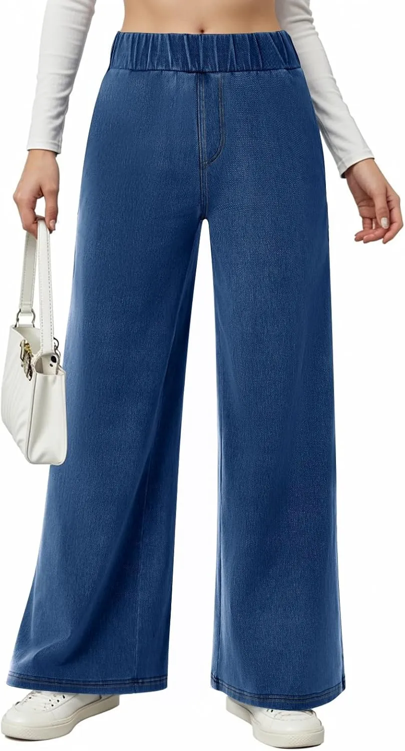 Sweatpant Jeans Women Wide Leg Stretchy Mid Rise Elastic Waist Jeans Baggy Loose Denim Pants with Pockets