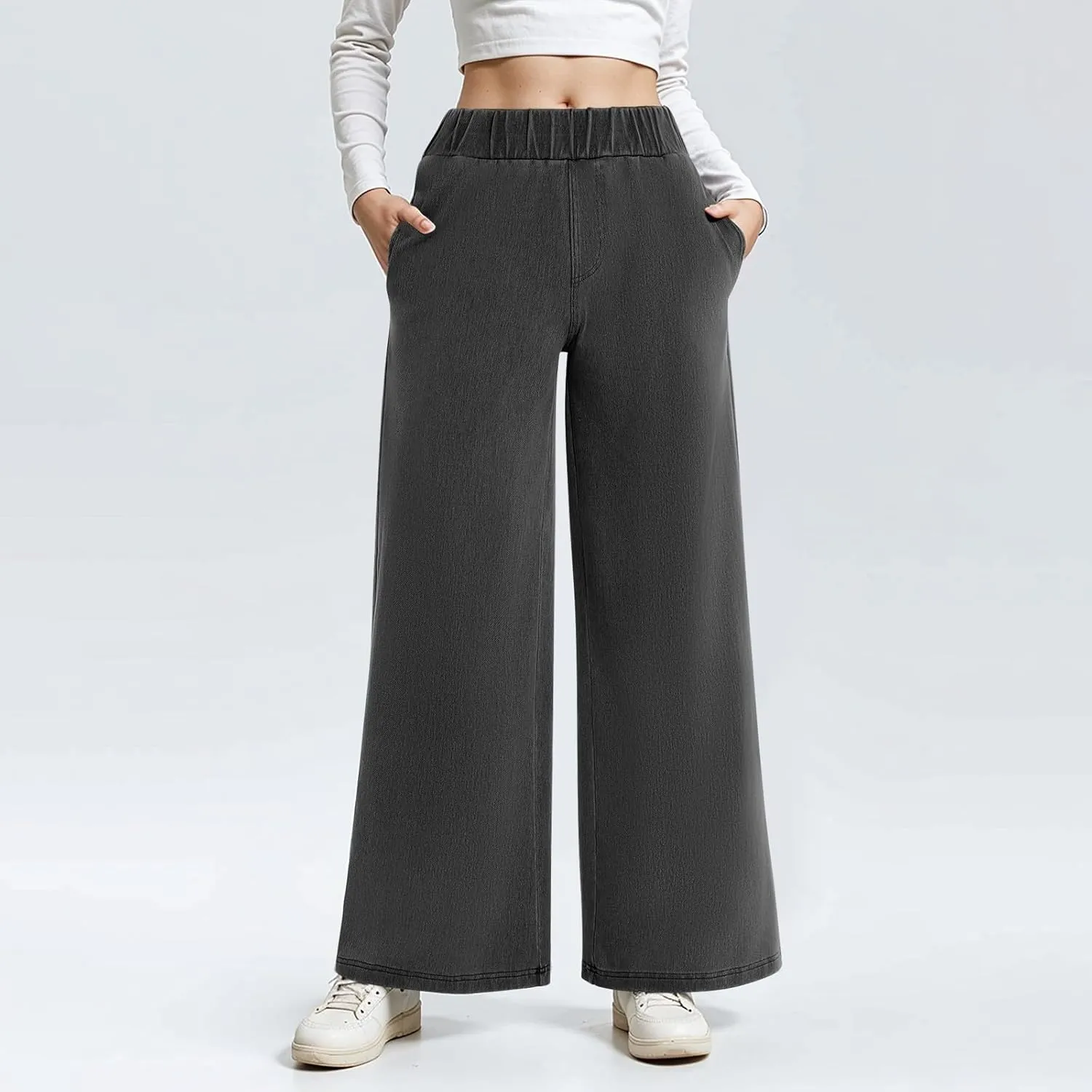 Sweatpant Jeans Women Wide Leg Stretchy Mid Rise Elastic Waist Jeans Baggy Loose Denim Pants with Pockets