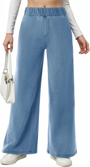 Sweatpant Jeans Women Wide Leg Stretchy Mid Rise Elastic Waist Jeans Baggy Loose Denim Pants with Pockets