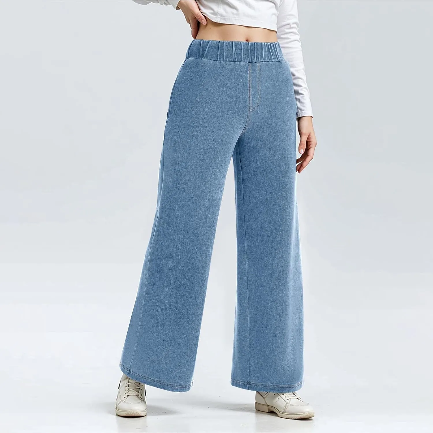 Sweatpant Jeans Women Wide Leg Stretchy Mid Rise Elastic Waist Jeans Baggy Loose Denim Pants with Pockets