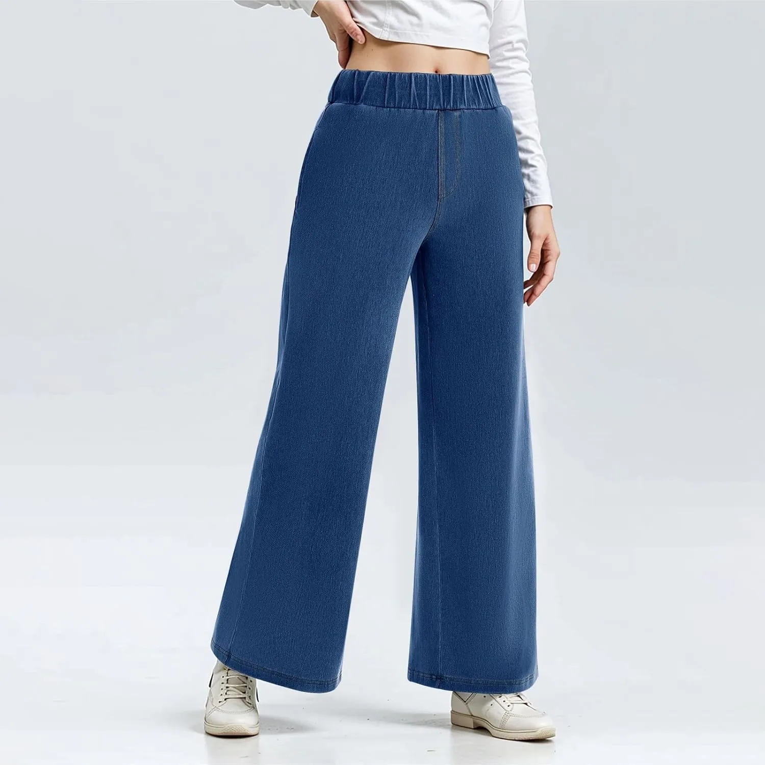 Sweatpant Jeans Women Wide Leg Stretchy Mid Rise Elastic Waist Jeans Baggy Loose Denim Pants with Pockets