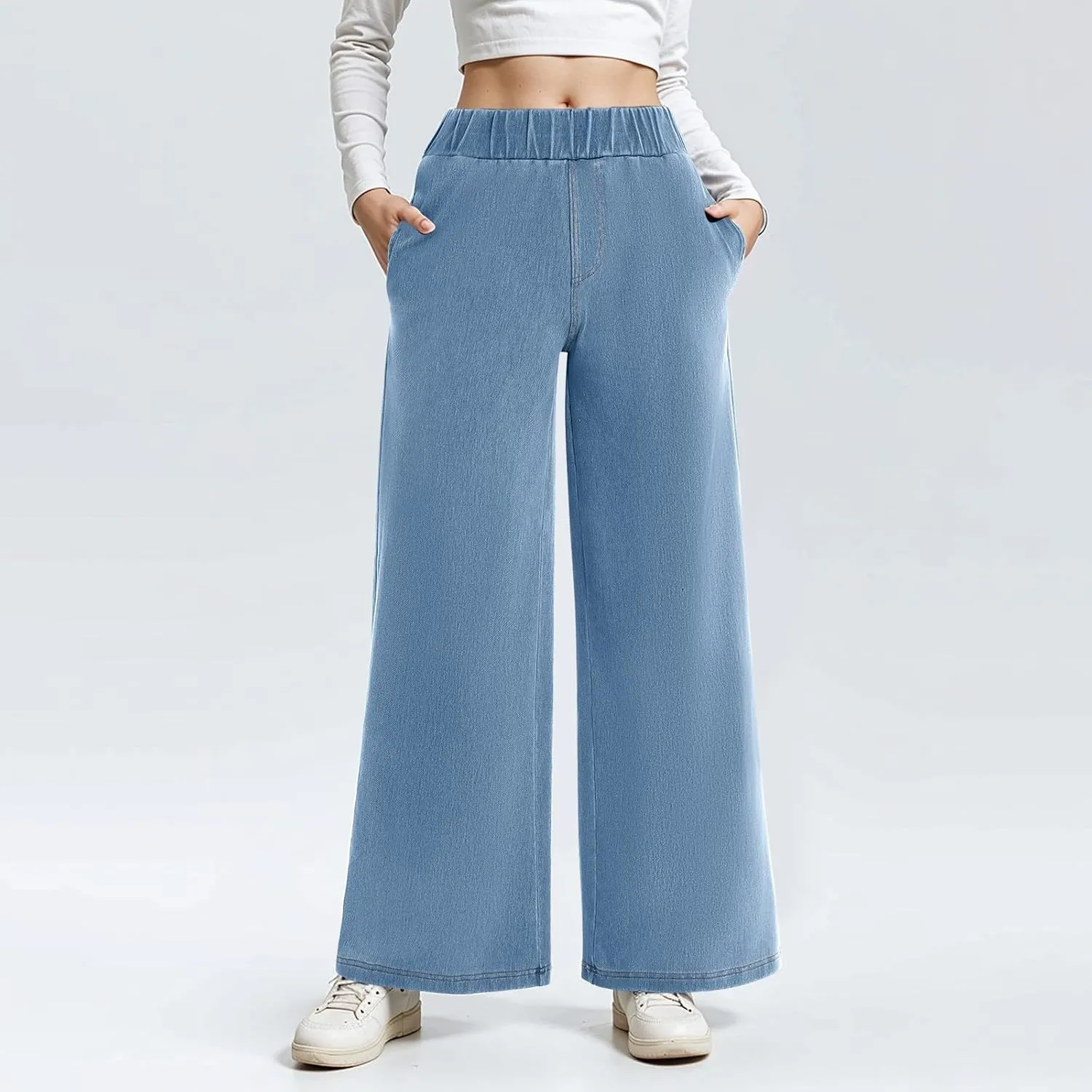 Sweatpant Jeans Women Wide Leg Stretchy Mid Rise Elastic Waist Jeans Baggy Loose Denim Pants with Pockets