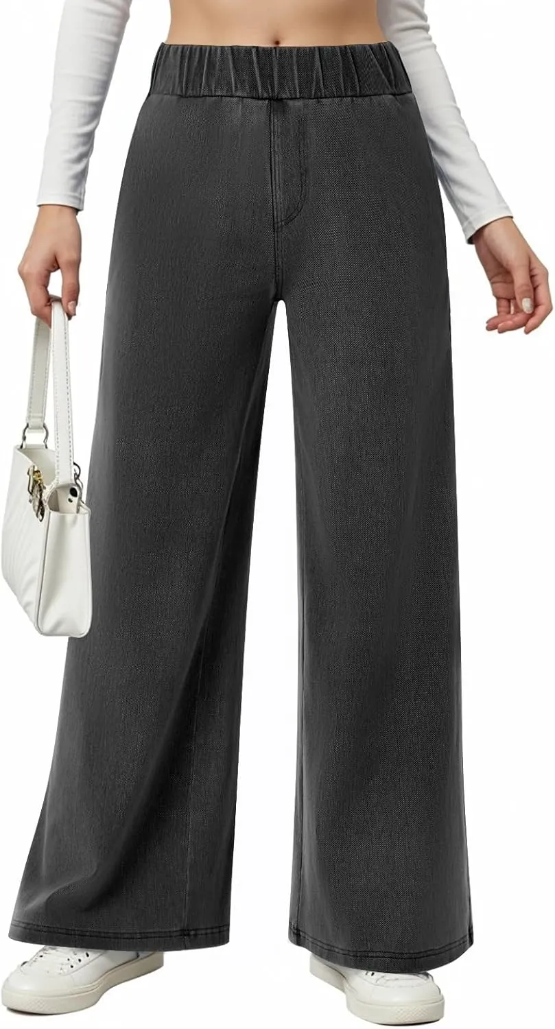 Sweatpant Jeans Women Wide Leg Stretchy Mid Rise Elastic Waist Jeans Baggy Loose Denim Pants with Pockets