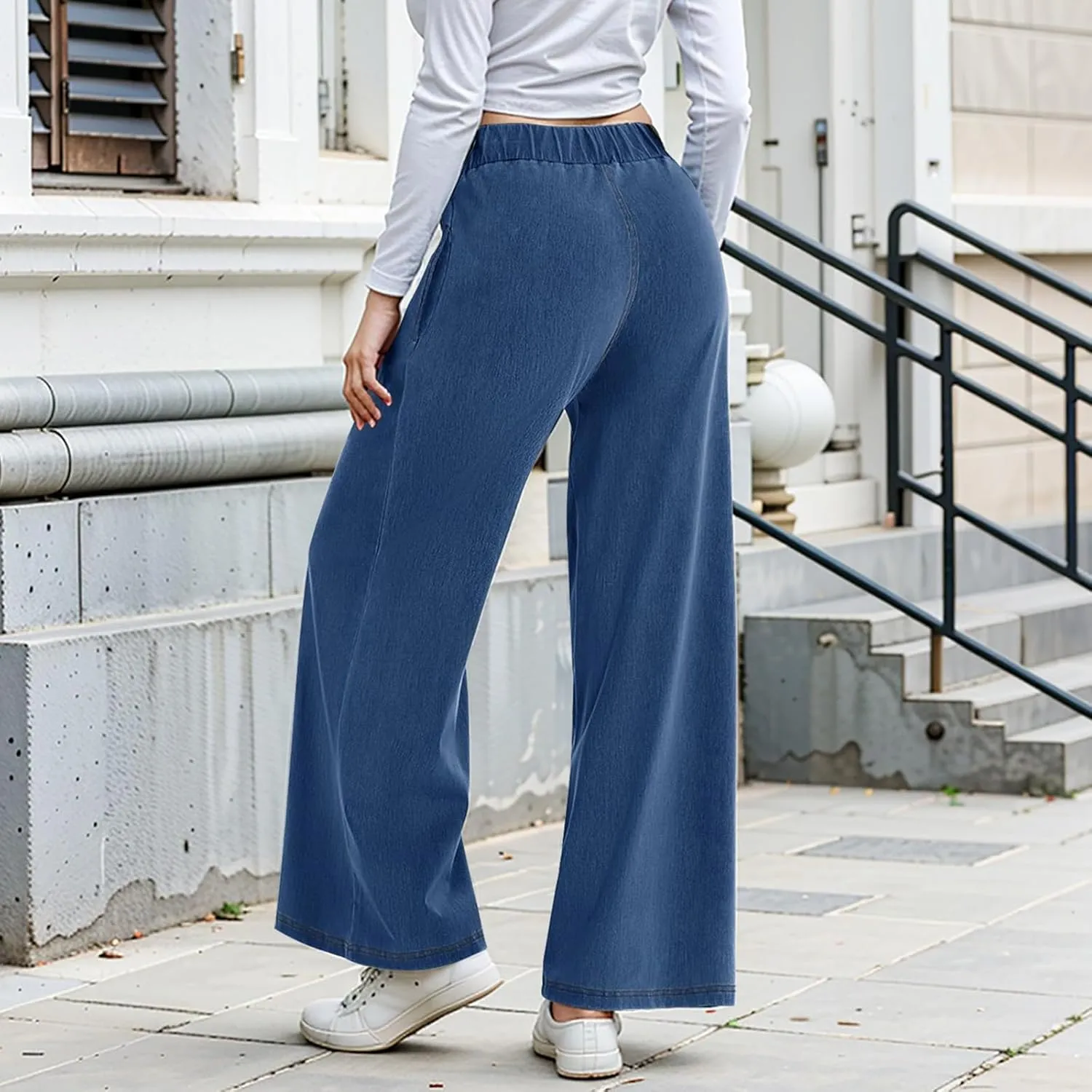 Sweatpant Jeans Women Wide Leg Stretchy Mid Rise Elastic Waist Jeans Baggy Loose Denim Pants with Pockets