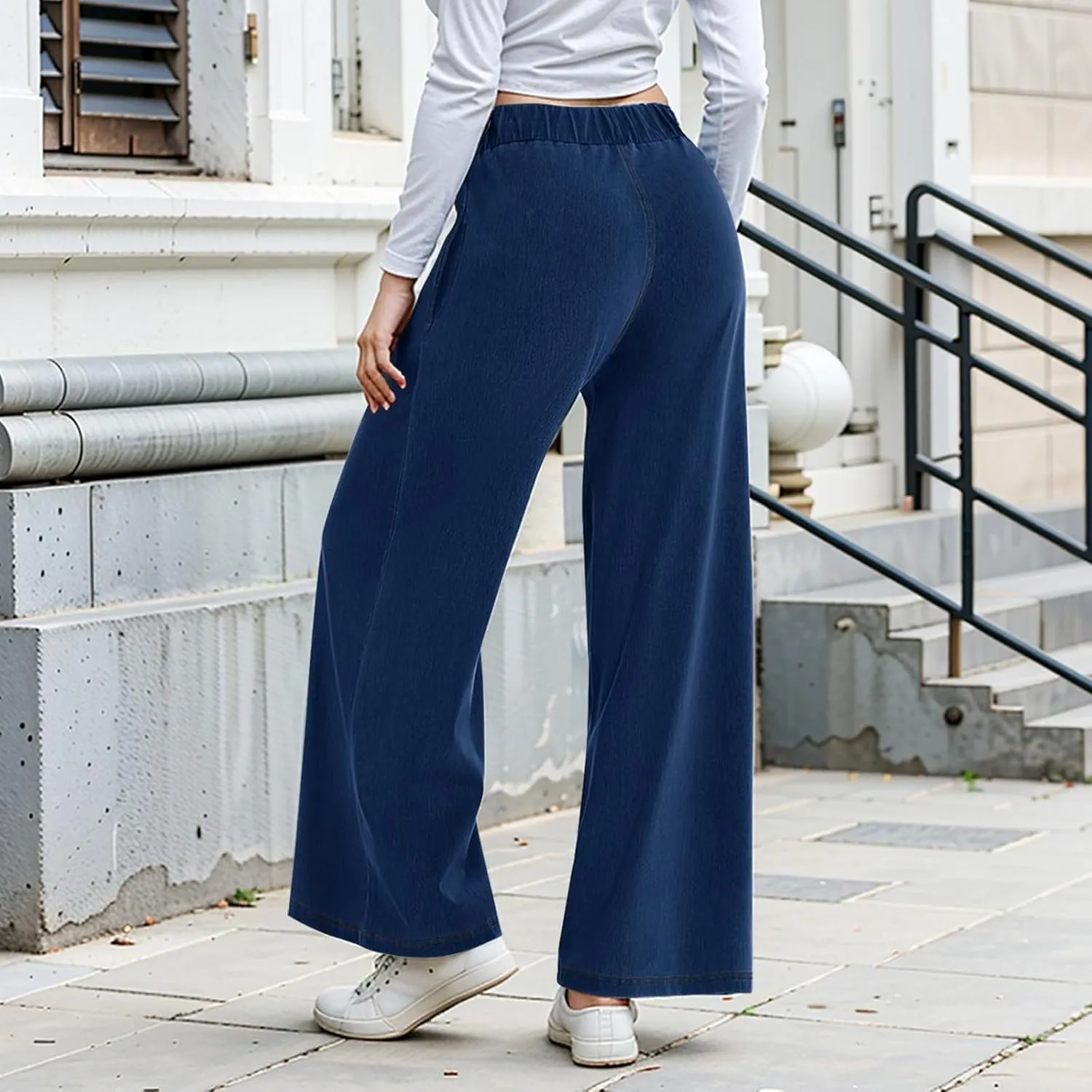Sweatpant Jeans Women Wide Leg Stretchy Mid Rise Elastic Waist Jeans Baggy Loose Denim Pants with Pockets