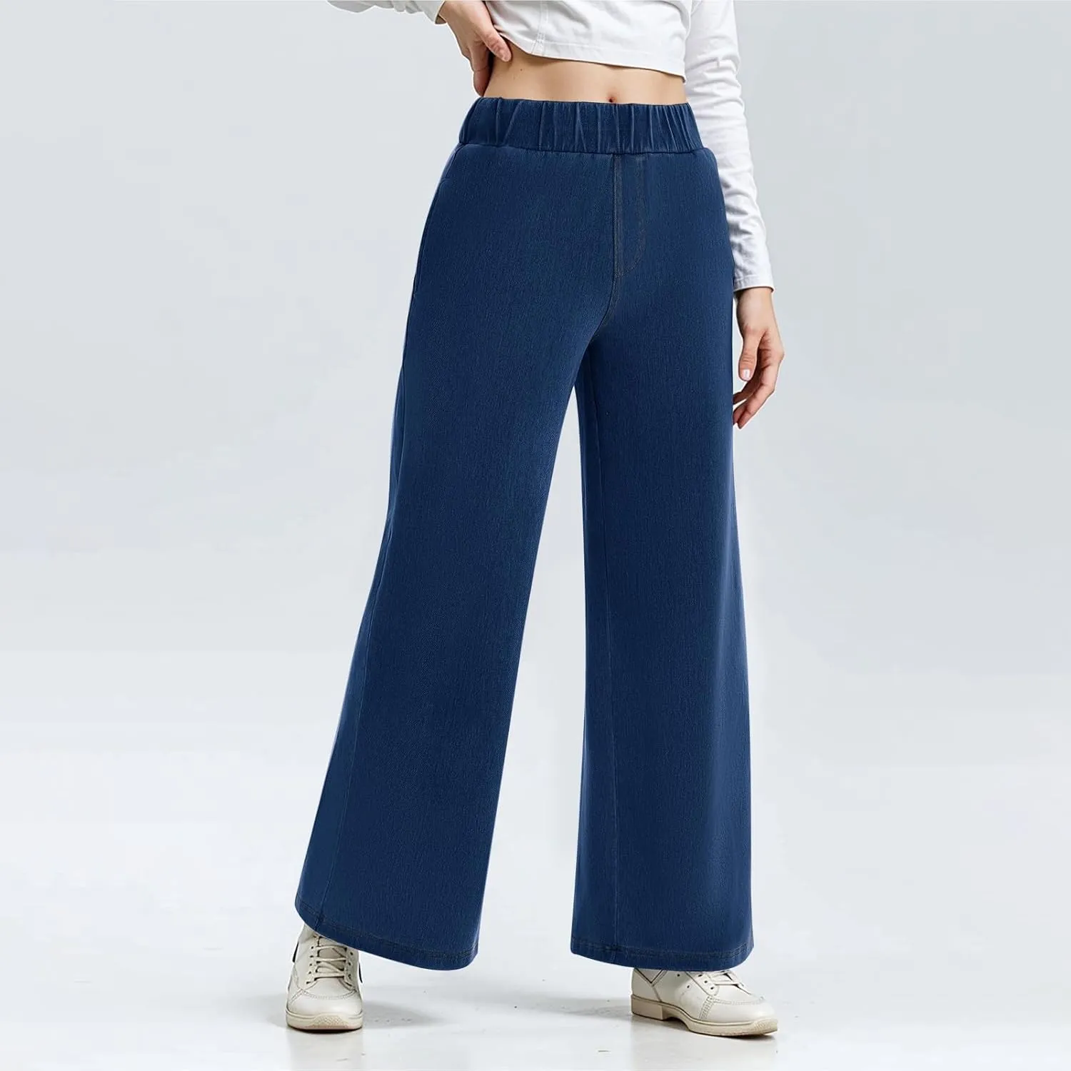 Sweatpant Jeans Women Wide Leg Stretchy Mid Rise Elastic Waist Jeans Baggy Loose Denim Pants with Pockets