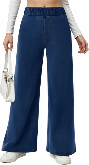 Sweatpant Jeans Women Wide Leg Stretchy Mid Rise Elastic Waist Jeans Baggy Loose Denim Pants with Pockets