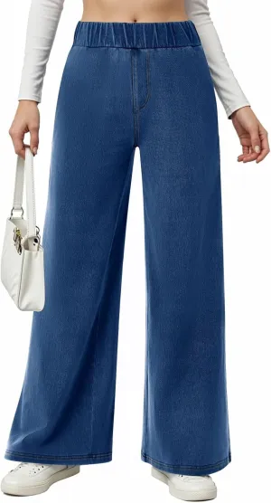 Sweatpant Jeans Women Wide Leg Stretchy Mid Rise Elastic Waist Jeans Baggy Loose Denim Pants with Pockets