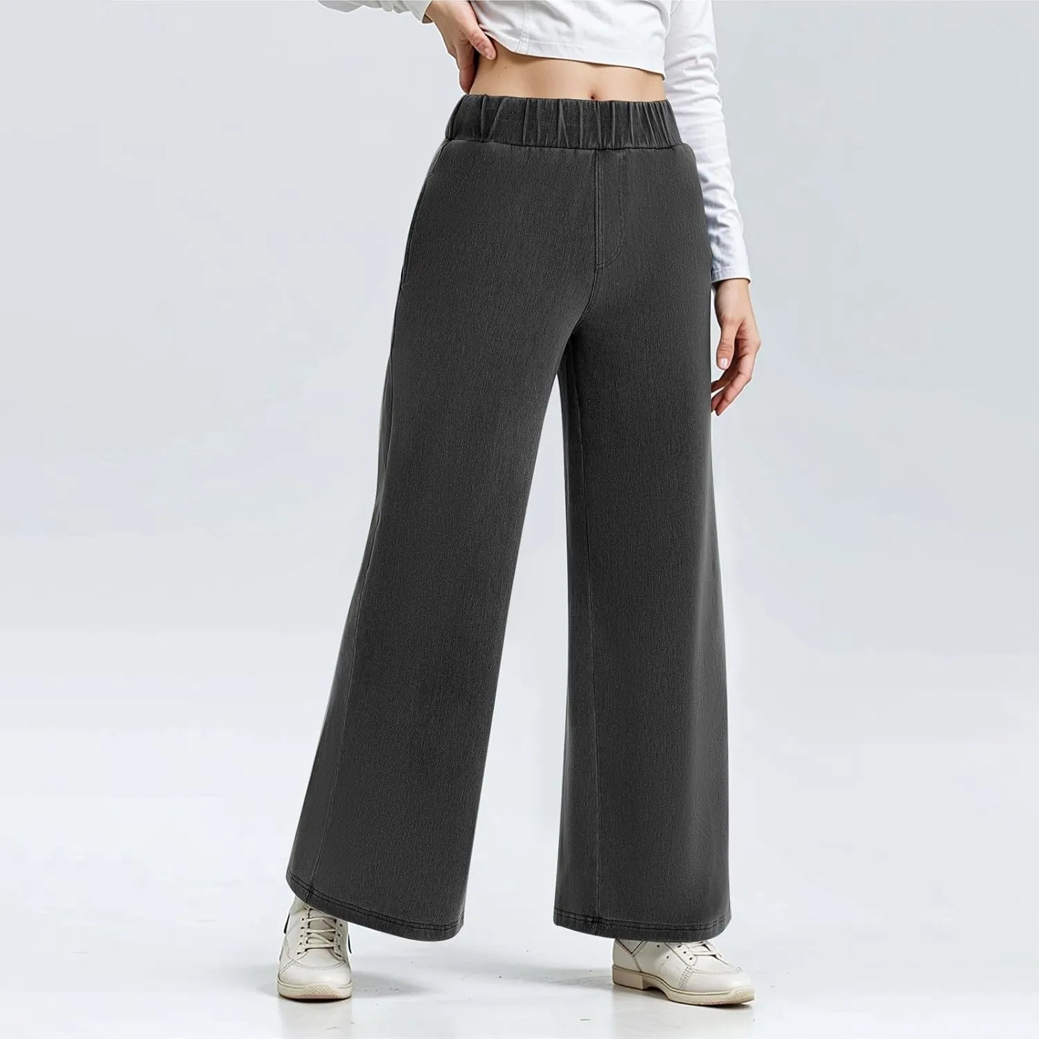 Sweatpant Jeans Women Wide Leg Stretchy Mid Rise Elastic Waist Jeans Baggy Loose Denim Pants with Pockets