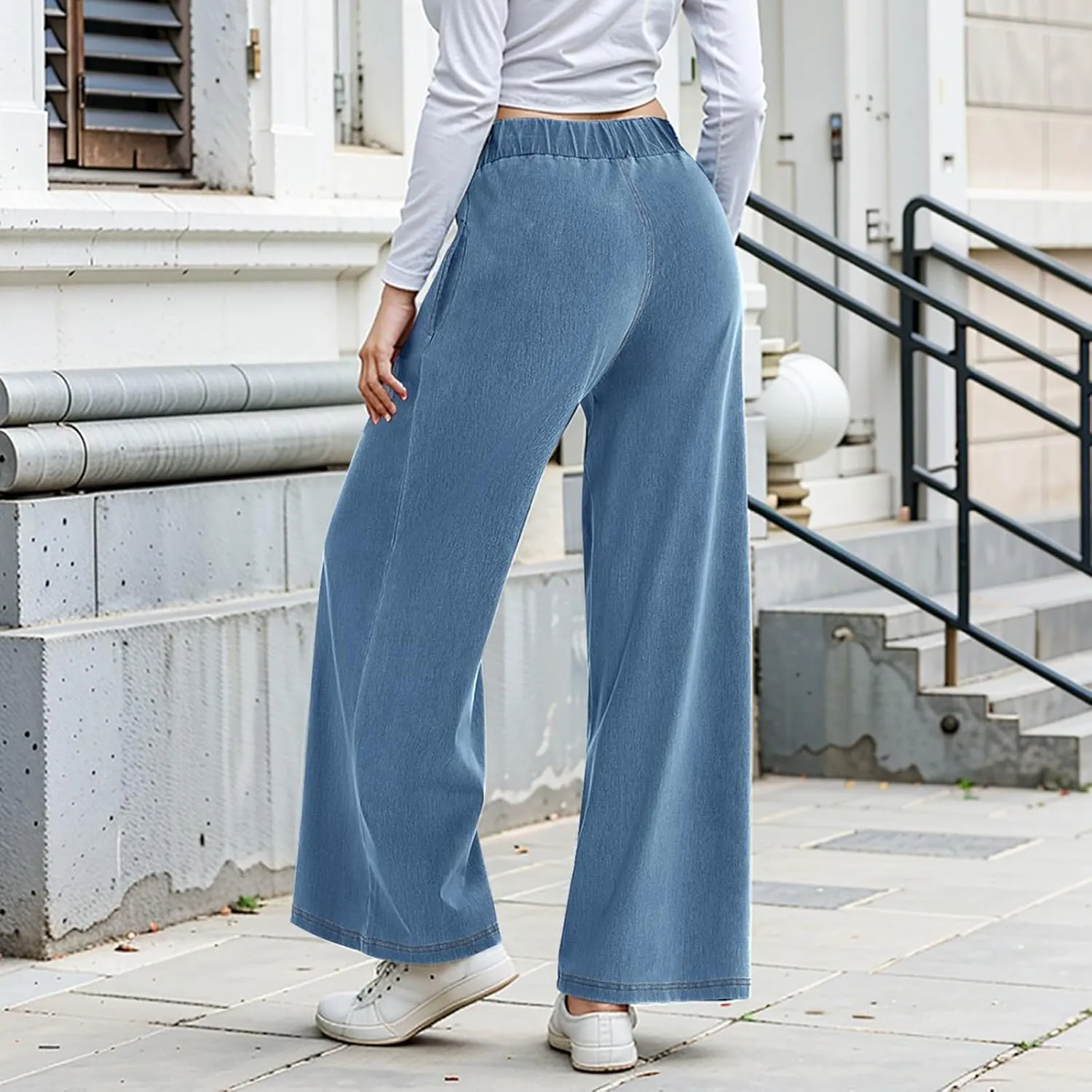 Sweatpant Jeans Women Wide Leg Stretchy Mid Rise Elastic Waist Jeans Baggy Loose Denim Pants with Pockets