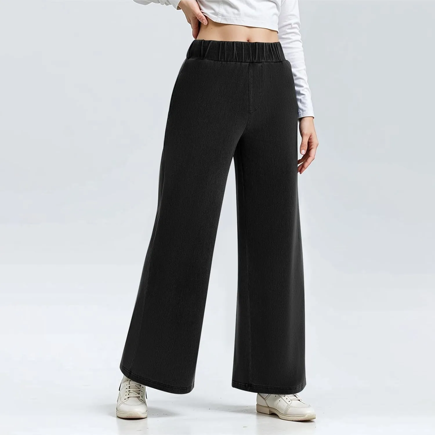 Sweatpant Jeans Women Wide Leg Stretchy Mid Rise Elastic Waist Jeans Baggy Loose Denim Pants with Pockets