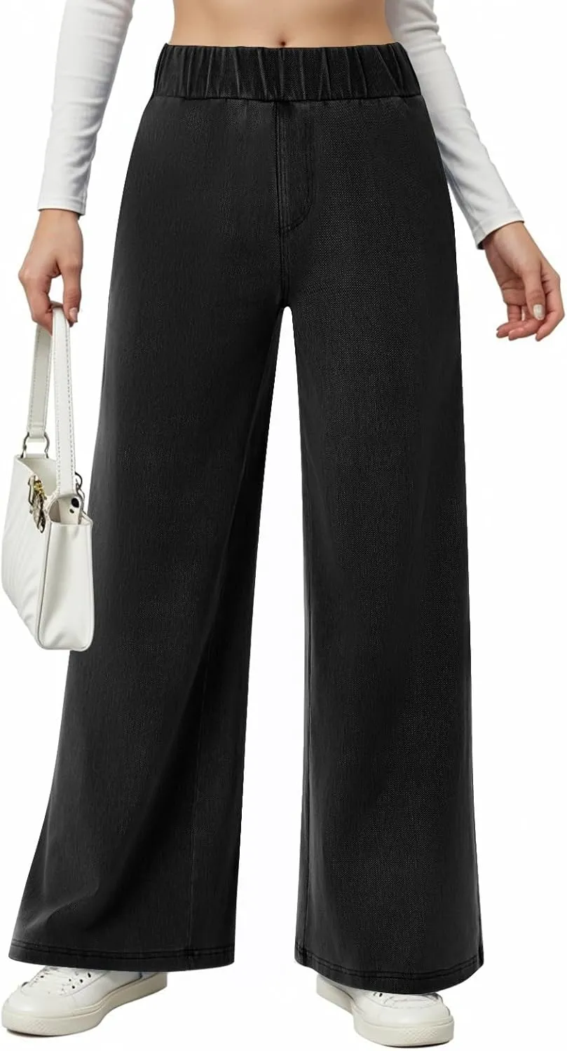 Sweatpant Jeans Women Wide Leg Stretchy Mid Rise Elastic Waist Jeans Baggy Loose Denim Pants with Pockets