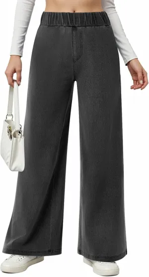 Sweatpant Jeans Women Wide Leg Stretchy Mid Rise Elastic Waist Jeans Baggy Loose Denim Pants with Pockets