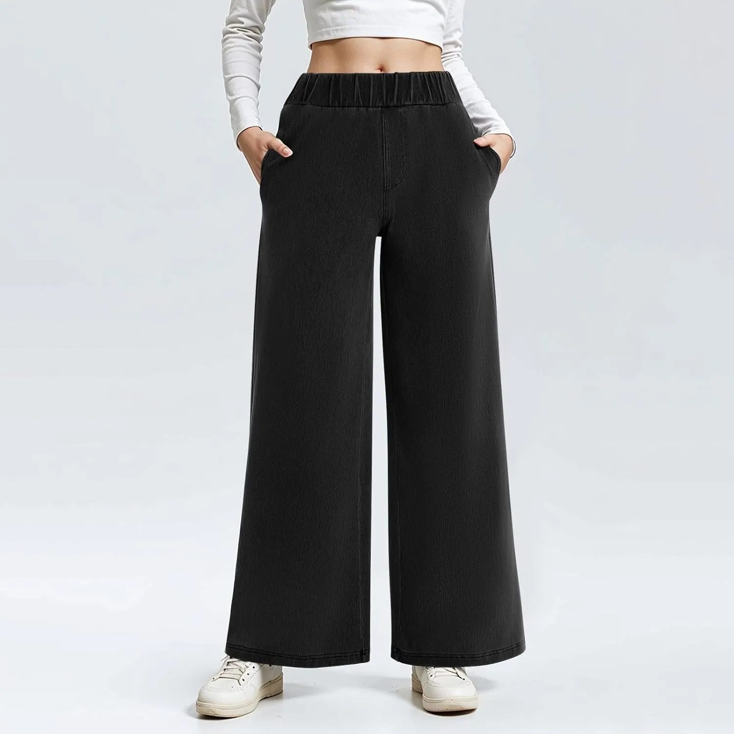 Sweatpant Jeans Women Wide Leg Stretchy Mid Rise Elastic Waist Jeans Baggy Loose Denim Pants with Pockets