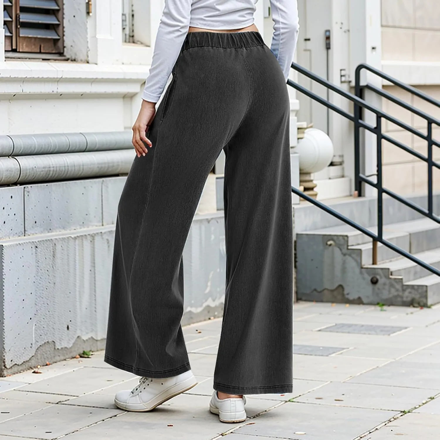 Sweatpant Jeans Women Wide Leg Stretchy Mid Rise Elastic Waist Jeans Baggy Loose Denim Pants with Pockets