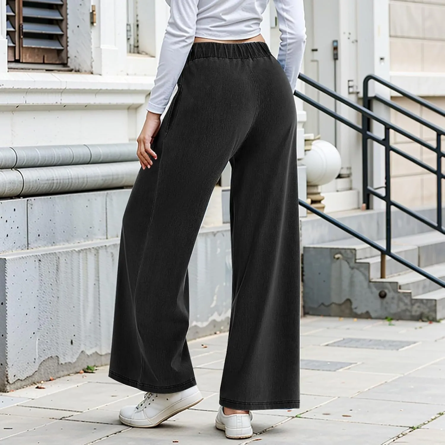 Sweatpant Jeans Women Wide Leg Stretchy Mid Rise Elastic Waist Jeans Baggy Loose Denim Pants with Pockets