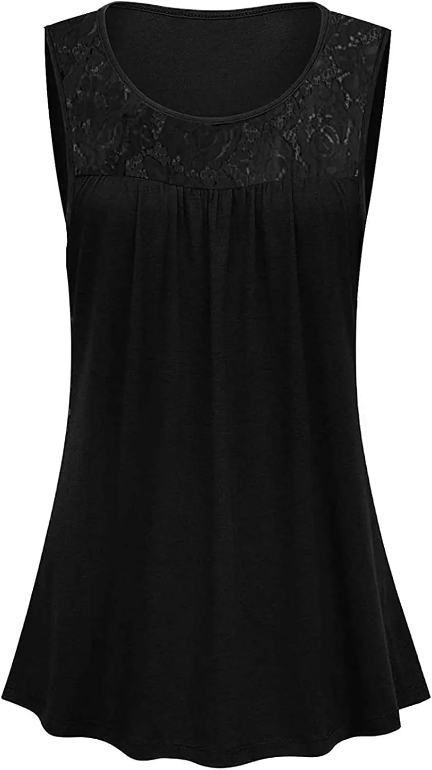 Tank Top for Women, Plus Size Sleeveless Tunic Tops Fashion Lace Patchwork Summer Blouses Crewneck Ruched Solid Shirt