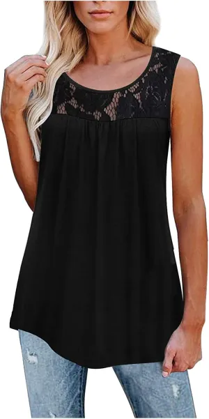 Tank Top for Women, Plus Size Sleeveless Tunic Tops Fashion Lace Patchwork Summer Blouses Crewneck Ruched Solid Shirt