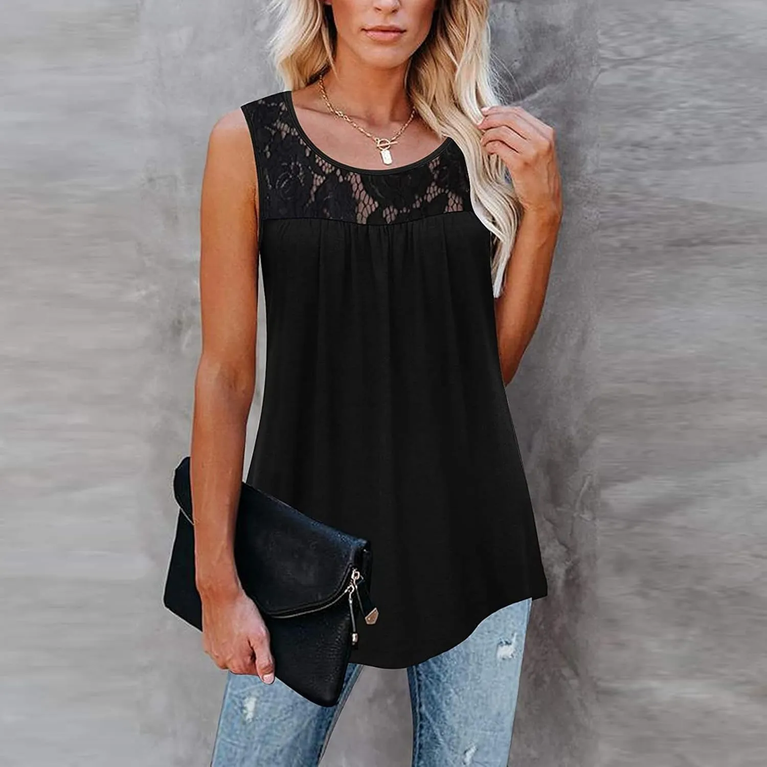 Tank Top for Women, Plus Size Sleeveless Tunic Tops Fashion Lace Patchwork Summer Blouses Crewneck Ruched Solid Shirt