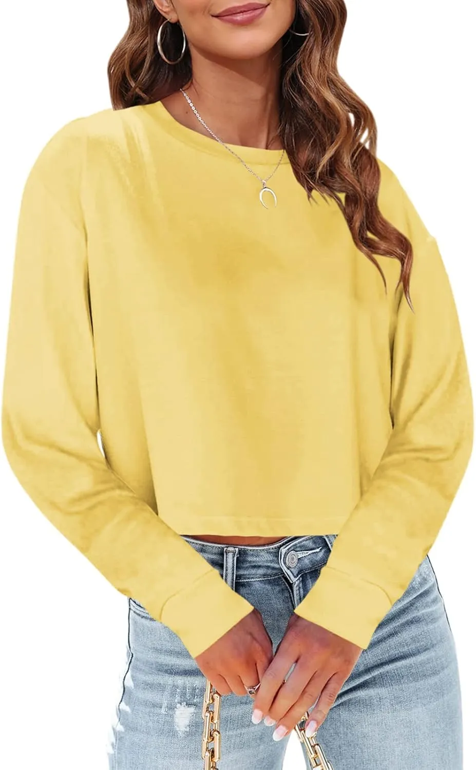 Tankaneo Womens Long Sleeve Crop Tops Loose Fit Cropped Tshirt 2025 Crew Neck Casual Shirts