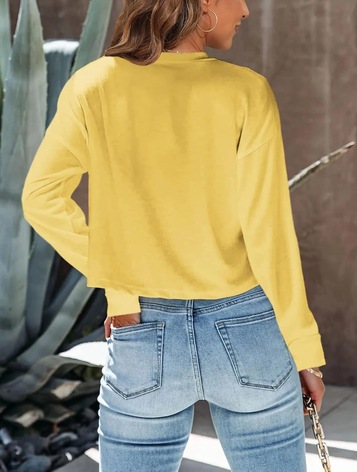 Tankaneo Womens Long Sleeve Crop Tops Loose Fit Cropped Tshirt 2025 Crew Neck Casual Shirts