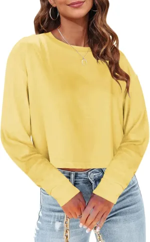 Tankaneo Womens Long Sleeve Crop Tops Loose Fit Cropped Tshirt 2025 Crew Neck Casual Shirts