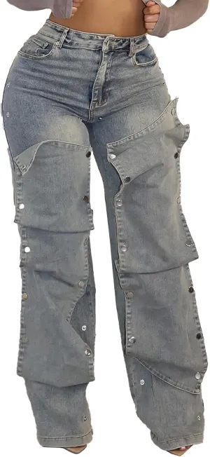 Tbahhir Baggy Cargo Jeans for Women Distressed Irregular High Waisted Wide Leg Boyfriend Y2K Denim Pants with Pockets
