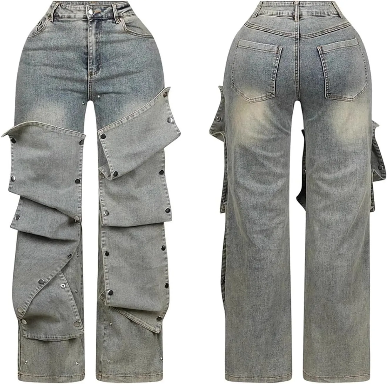 Tbahhir Baggy Cargo Jeans for Women Distressed Irregular High Waisted Wide Leg Boyfriend Y2K Denim Pants with Pockets