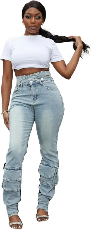 Tbahhir Ripped Jean for Women Fashion Jeans High Waist Stretch Jeans Denim Long Pants with Pockets