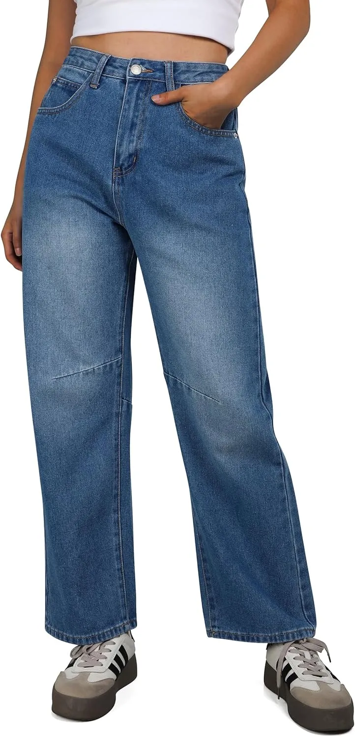 TQD Womens Jeans Straight Leg High Waisted Jeans for Women Trendy Baggy Boyfriend Denim Pants with Back Buckle Loose Fit