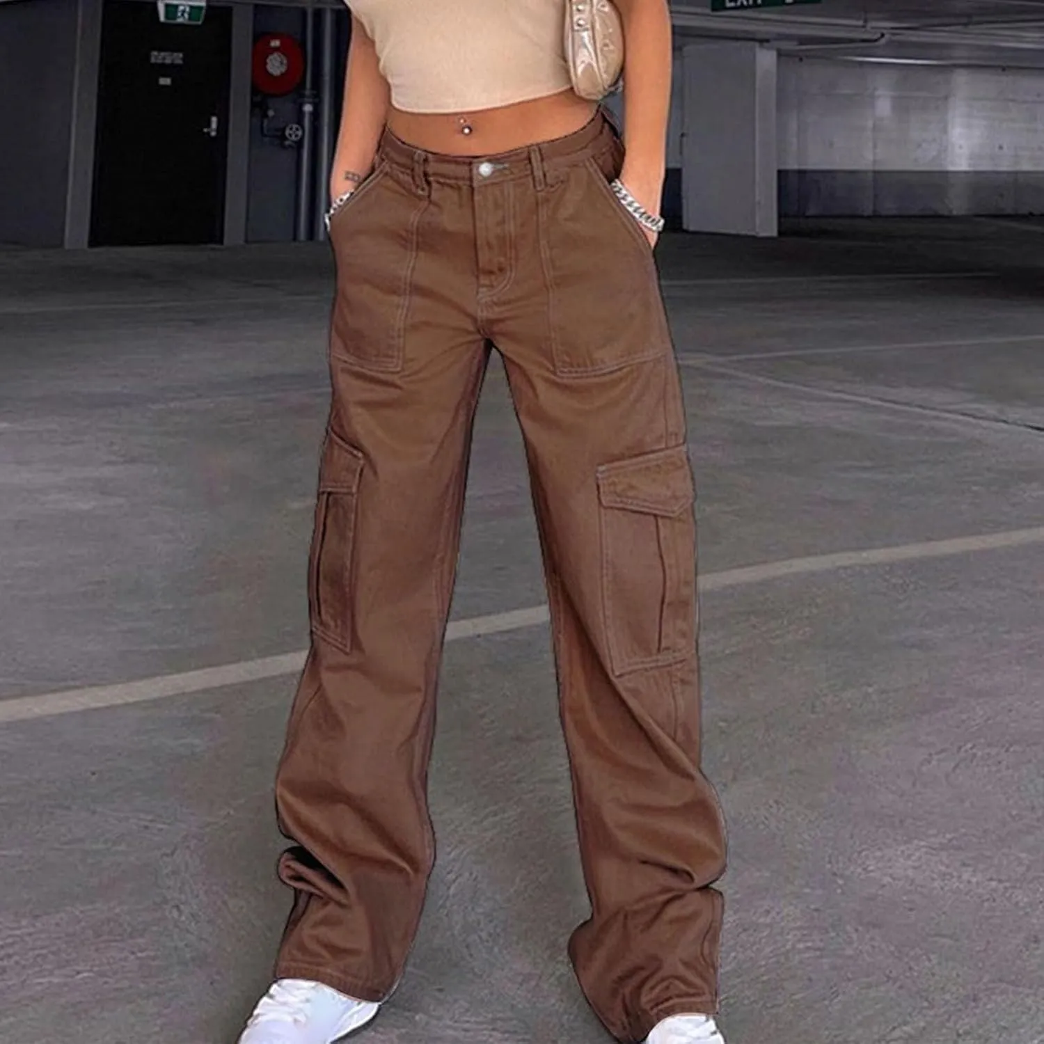Trendy Cargo Jeans for Women Loose Straight Leg Denim Jean Casual Multi-Pocket Denim Pants Full Length Trousers