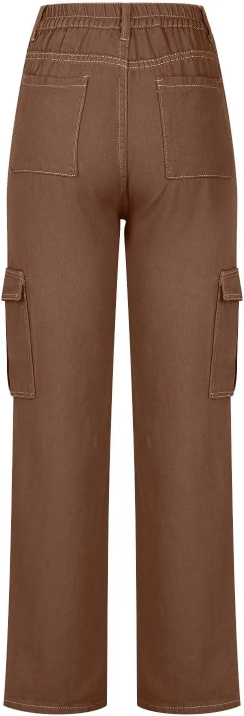 Trendy Cargo Jeans for Women Loose Straight Leg Denim Jean Casual Multi-Pocket Denim Pants Full Length Trousers