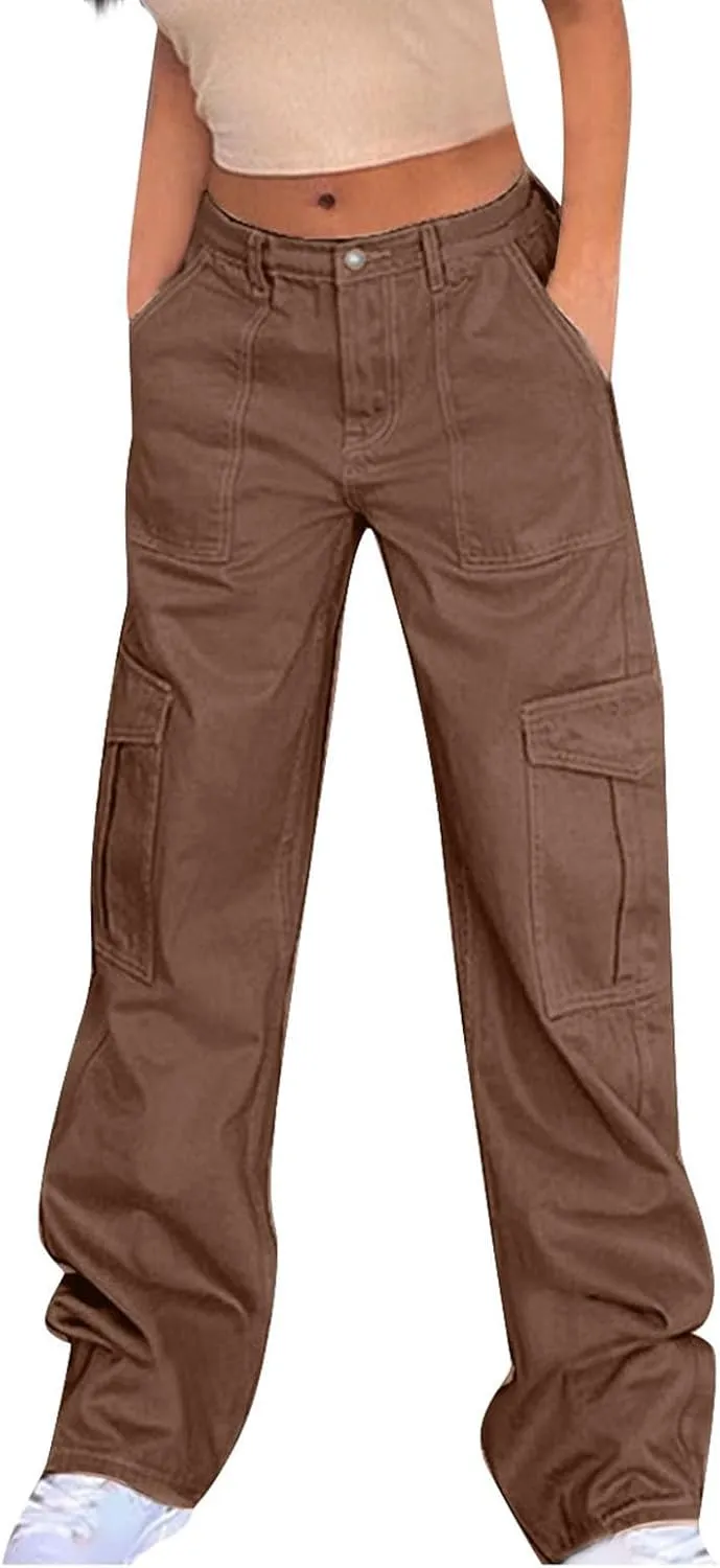 Trendy Cargo Jeans for Women Loose Straight Leg Denim Jean Casual Multi-Pocket Denim Pants Full Length Trousers