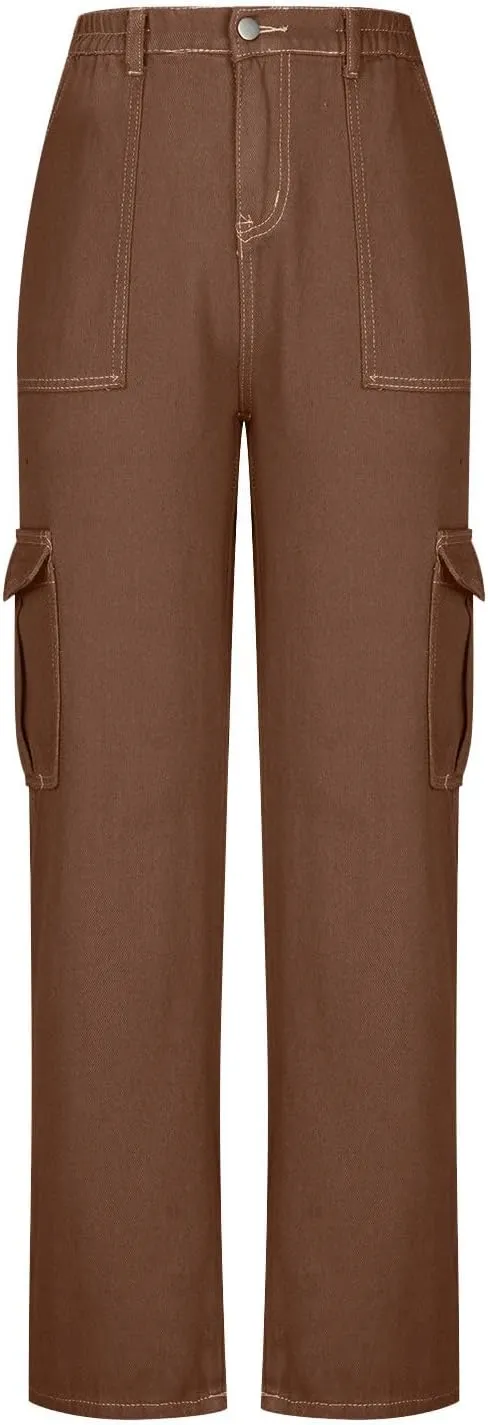 Trendy Cargo Jeans for Women Loose Straight Leg Denim Jean Casual Multi-Pocket Denim Pants Full Length Trousers