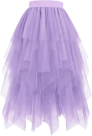 Tulle Skirts for Women Mesh Tiered Layered Asymmetrical Hem High Low Elastic High Waist Prom Party Tutu Midi Skirt