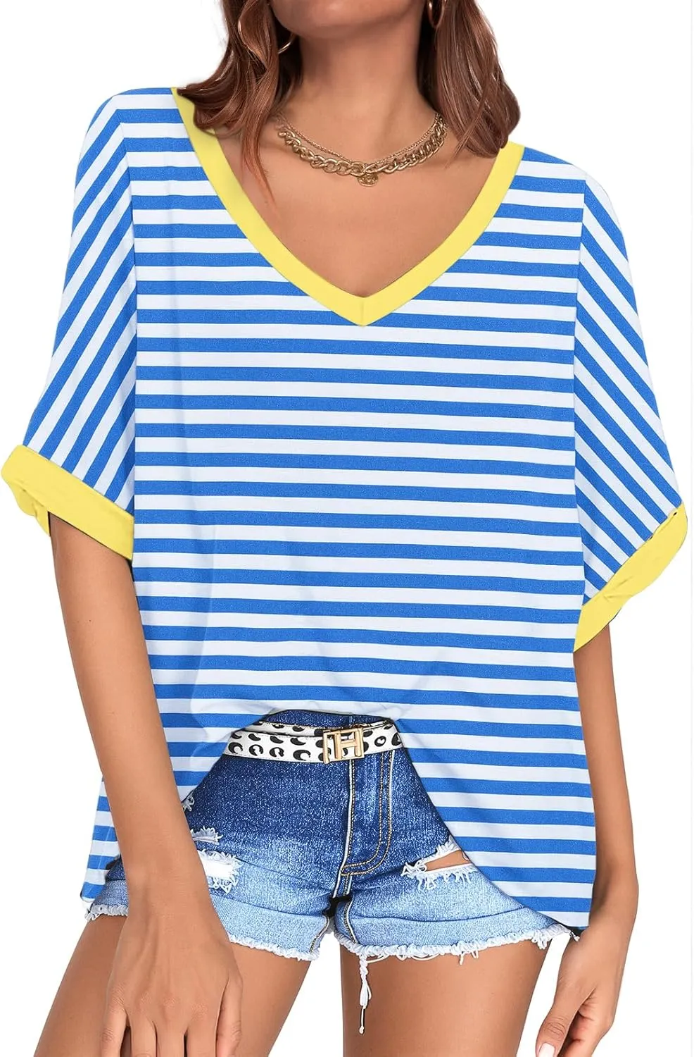 UEU Womens Oversized T-Shirts Summer V Neck Casual Shirts Short Sleeve Workout Tunic Tops