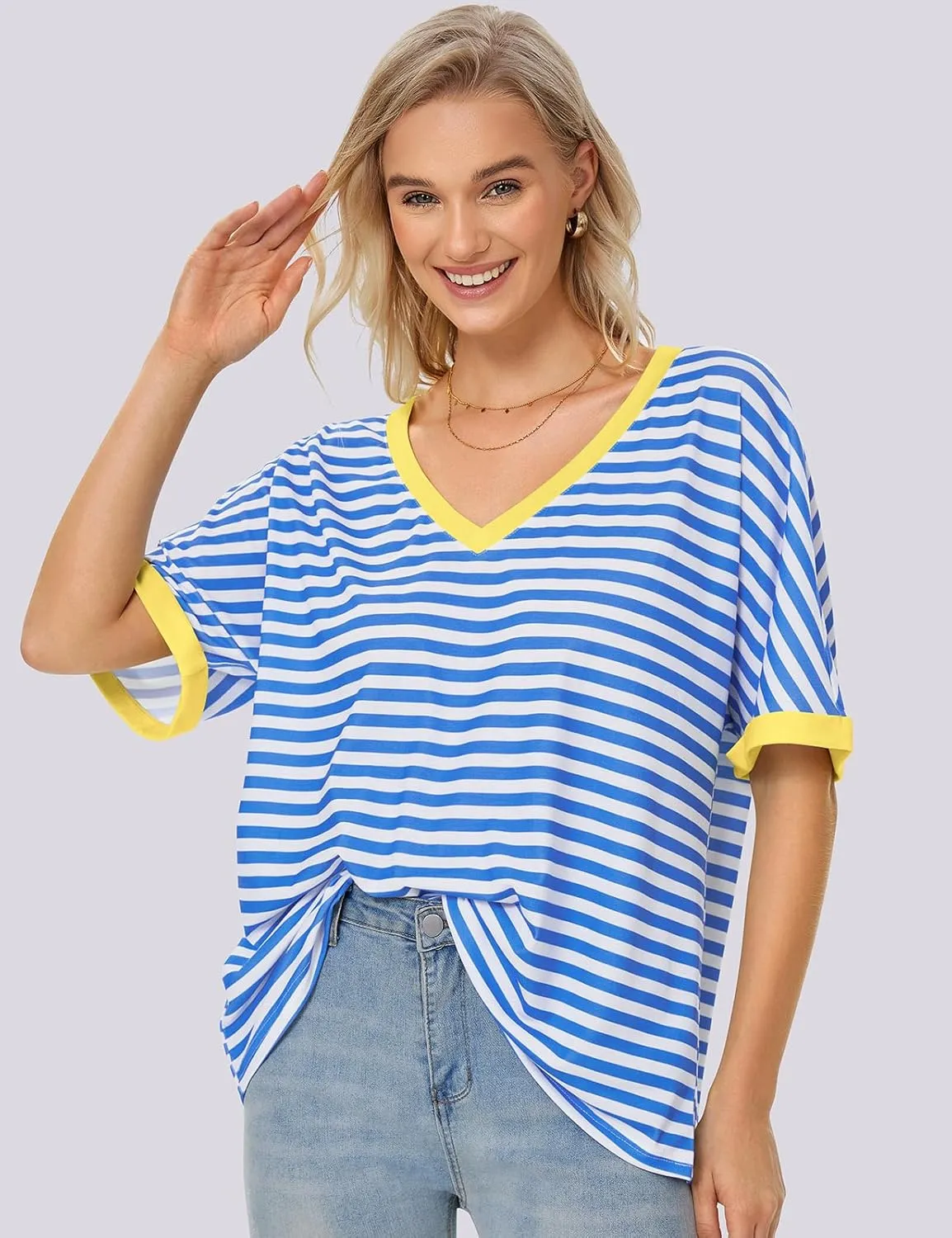 UEU Womens Oversized T-Shirts Summer V Neck Casual Shirts Short Sleeve Workout Tunic Tops